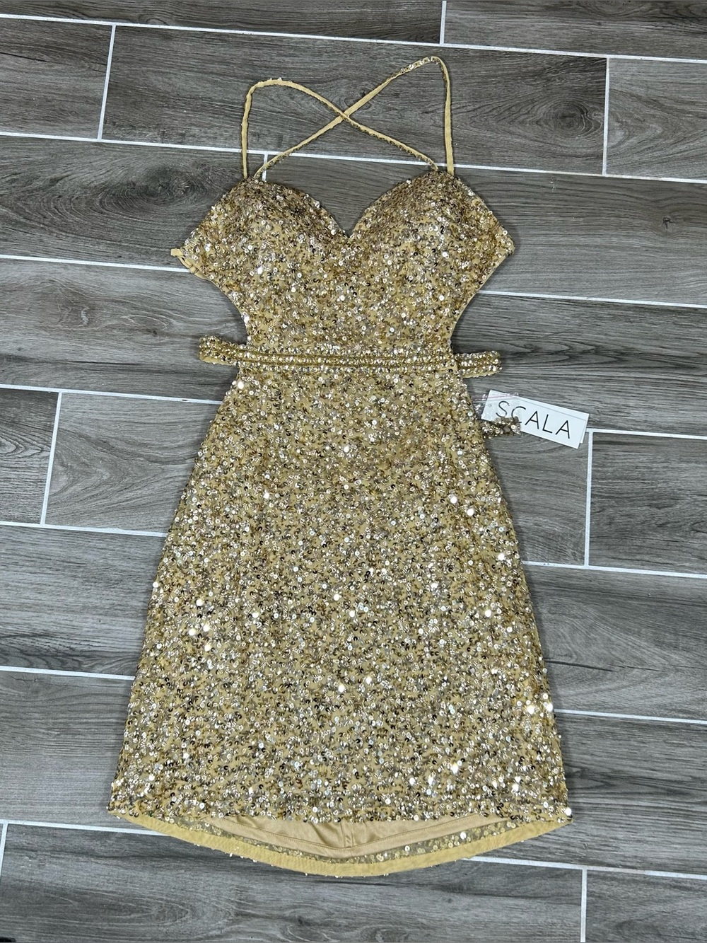 Scala Fully Sequin Mini Dress Size 10 Gold V-Neck Style #60103nee With Tag